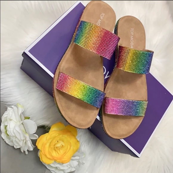 Rainbow Rhinestone Glittery Strap Sandals By Top Moda NEW! FIRM 60% OFF! - Picture 1 of 8